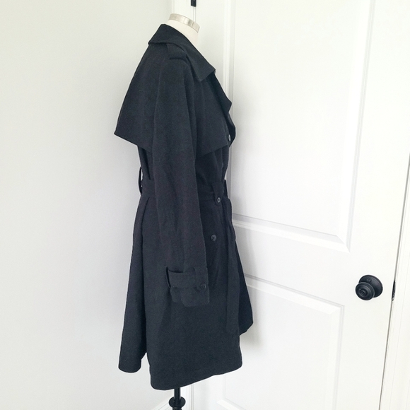 H&M Black Wool Blend Trench Coat Fall Going Out Party Preppy Spring Winter Work - Picture 4 of 7